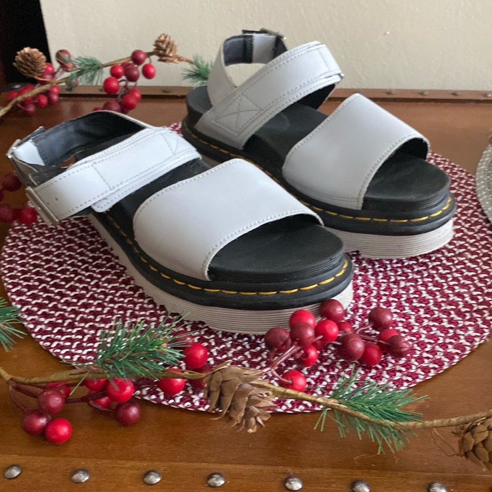 Dr. Martens White Leather Platform Sandals with Black Footbed